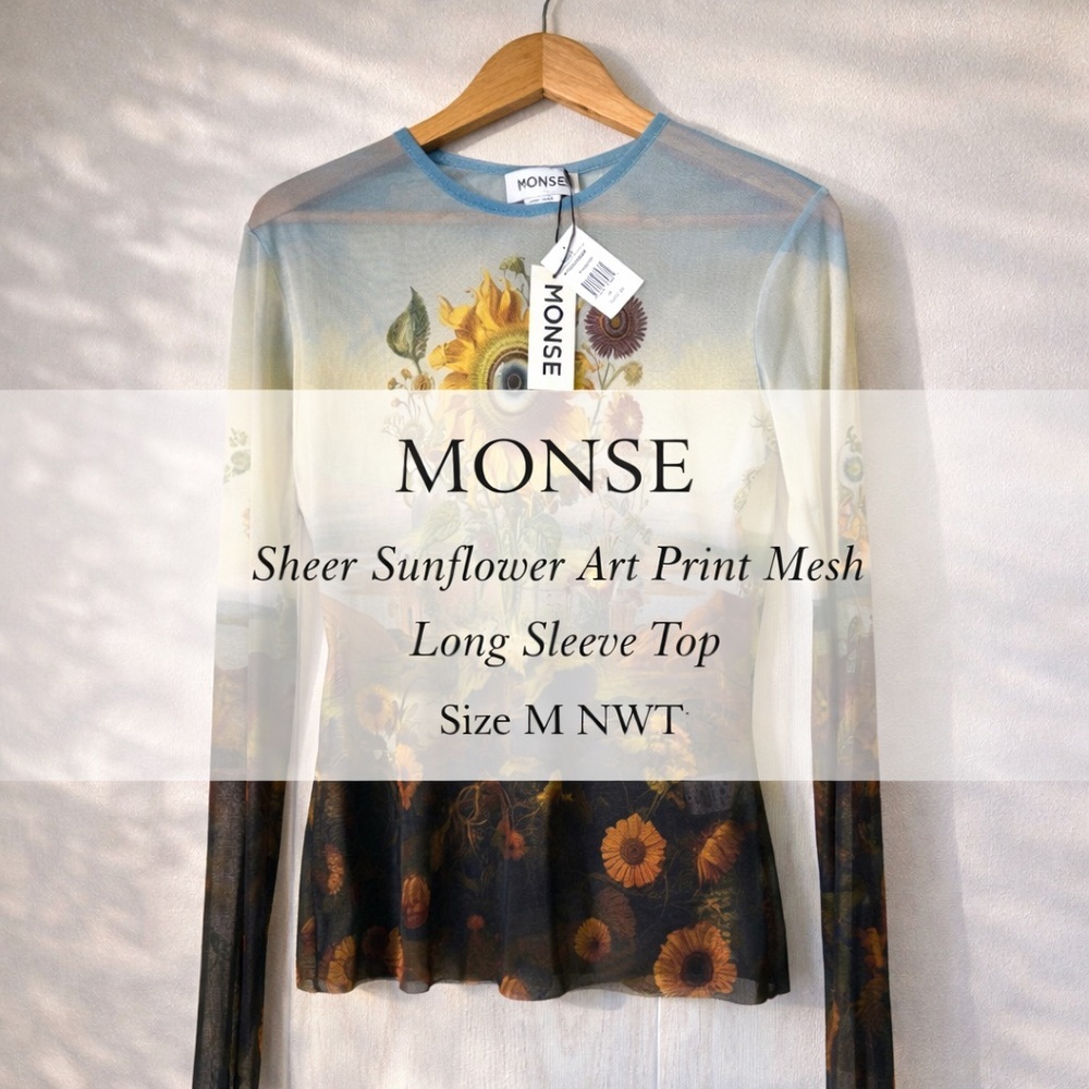 Sheer Sunflower Art Print Mesh Long Sleeve Top Size M NWT – MONSE
